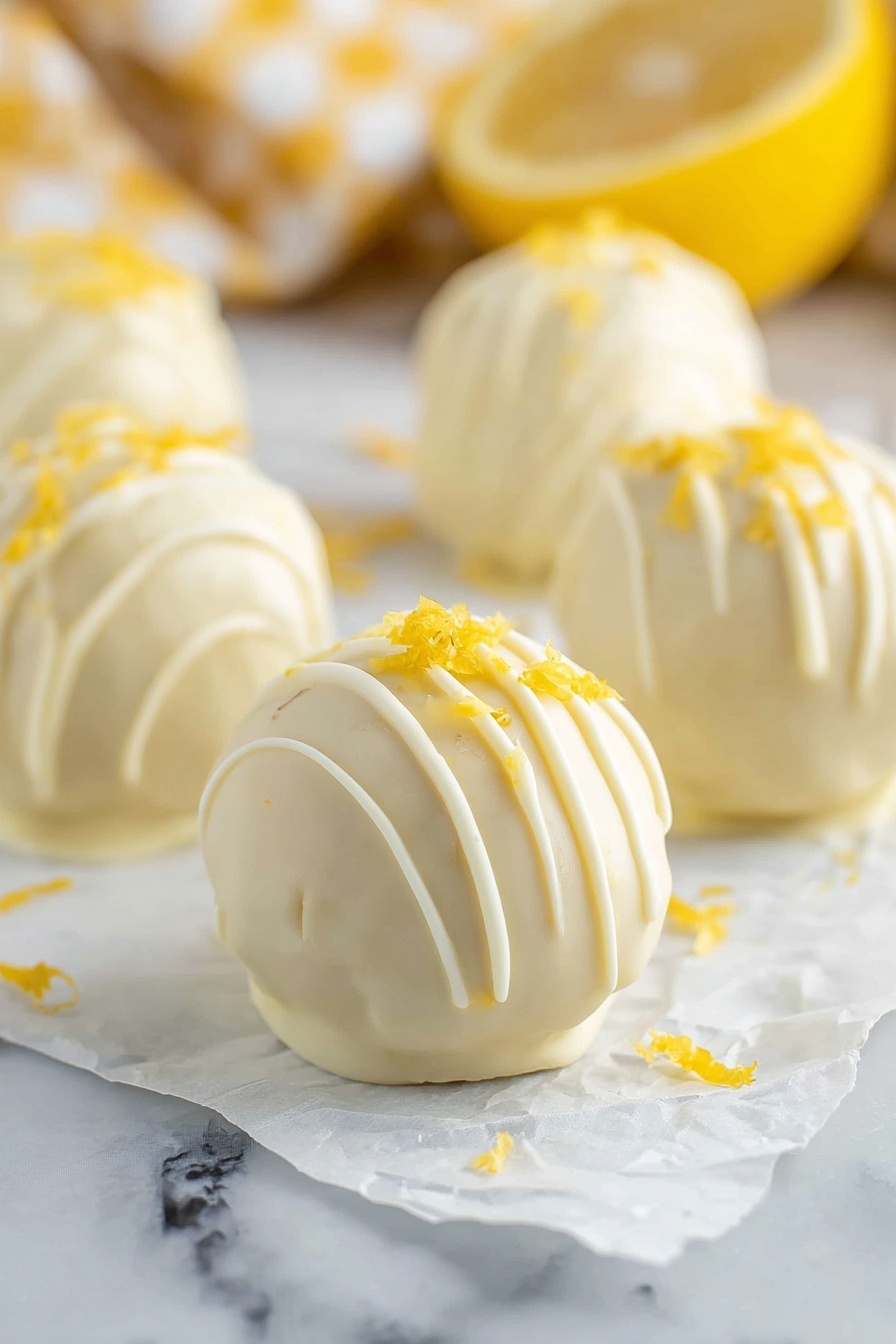The image shows a close-up view of several round white balls covered in smooth white coating with a slight drizzle design on top. They are placed close together, and one ball is bitten to reveal a light beige, moist, and crumbly inside texture. Small bright yellow thin strips, likely lemon zest, are placed on the top of some balls as decoration. All balls rest on a white marbled surface. photo taken with an iphone --ar 2:3 --v 7 - Lemon Oreo Truffles, Lemon Oreo Truffles recipe, no-bake lemon truffles, citrus Oreo dessert, easy lemon truffles