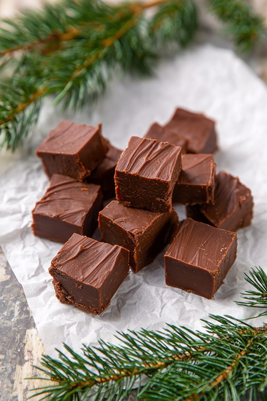 A group of small square pieces of chocolate fudge is placed on a piece of crumpled white parchment paper. Each fudge piece has a shiny, smooth top layer with slight textures and lines, showing a rich dark brown color. The fudge squares are closely positioned together, some slightly stacked, with a few separated around the center area. Around the edges, there are fresh green pine tree branches resting on the white marbled surface, creating a natural, festive frame. photo taken with an iphone --ar 2:3 --v 7 - Mocha Chocolate Fudge, mocha chocolate fudge recipe, mocha fudge, coffee chocolate fudge, easy chocolate fudge