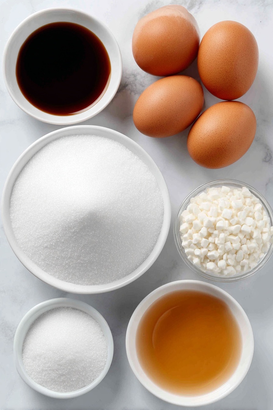 Flat lay of a small mound of fine white confectioners' sugar, a neat pile of white granulated sugar crystals, a small white ceramic bowl filled with clear light corn syrup, a small white ceramic bowl of clear water, a few whole whole brown eggs with clean shells, and a small white ceramic bowl containing a pale amber liquid extract, placed on a clean white marble surface, soft natural light, photo taken with an iPhone, professional food photography style, fresh ingredients, white ceramic bowls, no bottles, no duplicates, no utensils, no packaging --ar 2:3 --v 7 --p m7354615311229779997 - Homemade Hard Candy, easy hard candy recipe, how to make hard candy, DIY candy tutorial, flavored hard candies