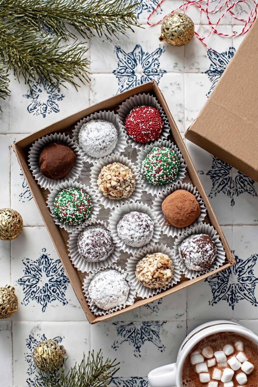 A white cup on a white saucer holds six round truffles with different coatings. On top are two light brown cocoa powder truffles, one bead-covered truffle with red, green, and white sprinkles, one white powdered sugar truffle, one nut-coated truffle in light brown and white, and another cocoa powder truffle at the bottom. Around the cup, there are extra truffles in white paper cups, a red and white ribbon curling along the side, and some gold Christmas ornaments on a white marbled textured surface with blue floral tile patterns. A pine branch and a box are softly blurred in the background. photo taken with an iphone --ar 2:3 --v 7 - Chocolate Rum Balls, chocolate rum balls recipe, no-bake rum balls, holiday rum ball favorites, easy chocolate treats