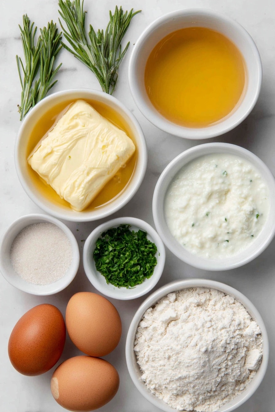 Rosemary Garlic Dinner Rolls Recipe 7 Flat lay of a small white ceramic bowl of warm water, a small white ceramic bowl with melted golden butter, a small white ceramic bowl of fresh milk, a small white ceramic bowl of clear honey, a small white ceramic bowl with fine sea salt, a small white ceramic bowl of garlic powder, a small white ceramic bowl of finely chopped fresh rosemary, a small white ceramic bowl of finely chopped fresh parsley, two whole uncracked brown eggs, a small pile of all-purpose flour, and two peeled garlic cloves placed symmetrically on a clean white marble surface, soft natural light, photo taken with an iPhone, professional food photography style, fresh ingredients, white ceramic bowls, no bottles, no duplicates, no utensils, no packaging --ar 2:3 --v 7 --p m7354615311229779997 - Rosemary Garlic Dinner Rolls, garlic dinner rolls, flaky herb rolls, homemade dinner rolls, easy bread recipes