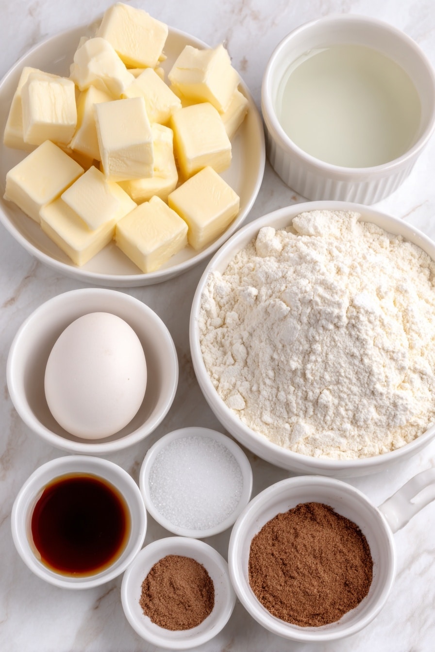 Cinnamon Sugar Churro Bites Recipe 7 Flat lay of unsalted butter cut into small cubes on a simple white ceramic plate, a small white ceramic bowl filled with clear water, a small white ceramic bowl holding granulated white sugar, a pinch of coarse salt spilled elegantly on the white surface, a mound of all-purpose flour on a simple white ceramic dish, one large whole egg with a clean shell resting on the marble surface, a small white ceramic bowl containing clear vanilla extract, a small white ceramic bowl filled with vegetable oil, and a small white ceramic bowl with a mixture of granulated white sugar and ground cinnamon placed symmetrically, all fresh and natural, arranged with perfect balance and symmetry, placed on a clean white marble surface, soft natural light, photo taken with an iPhone, professional food photography style, fresh ingredients, white ceramic bowls, no bottles, no duplicates, no utensils, no packaging --ar 2:3 --v 7 --p m7354615311229779997 - Cinnamon Sugar Churro Bites, churro bites, easy churro recipe, bite-sized churros, cinnamon sugar snacks
