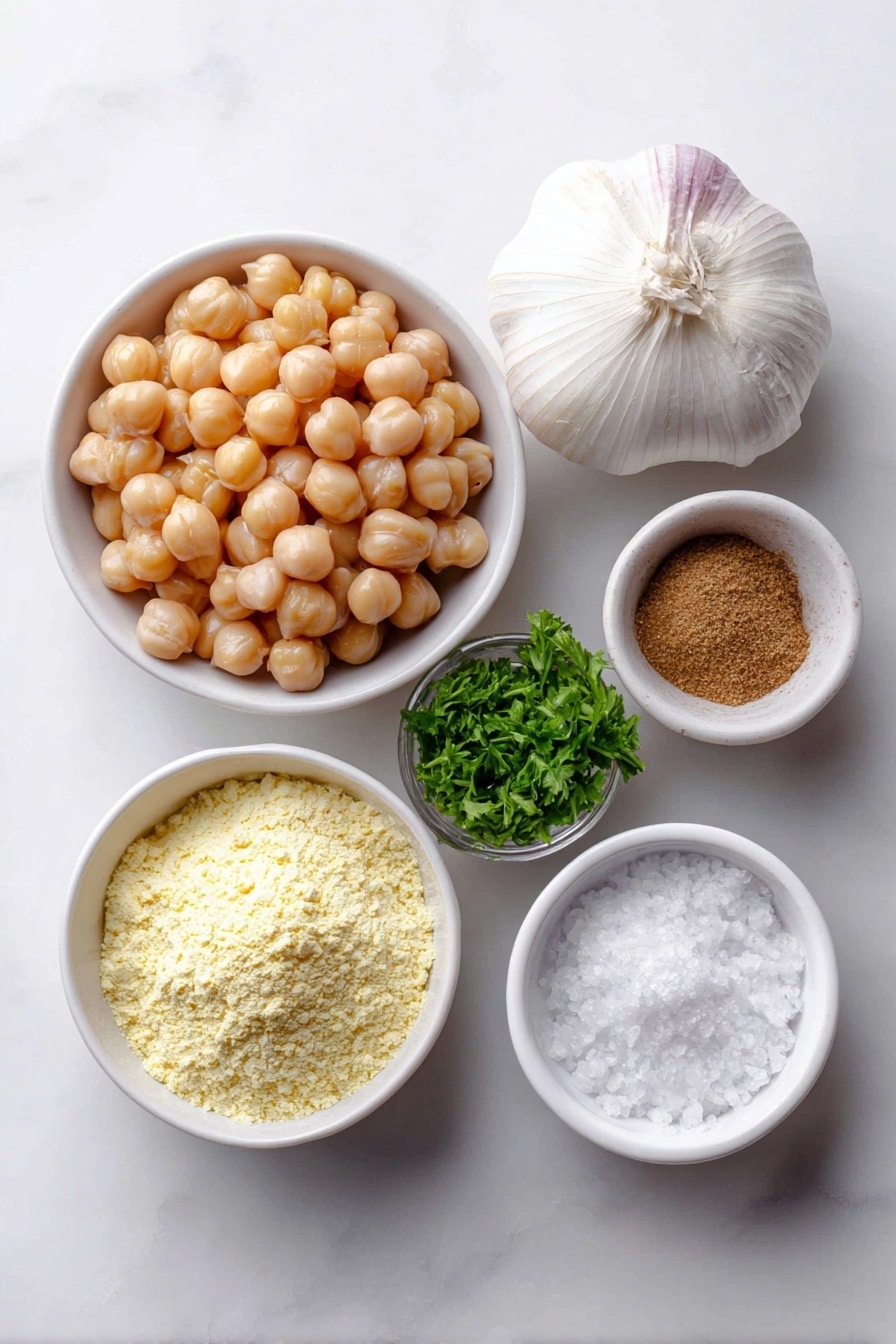 Homemade Falafel Recipe 7 Flat lay of a small heap of dried round beige chickpeas, half a large roughly chopped white onion, a small bunch of finely chopped fresh green parsley, a small bunch of finely chopped fresh green cilantro, four whole uncracked garlic cloves with smooth white skins, a small white ceramic bowl filled with coarse salt, a small white ceramic bowl containing ground warm brown cumin powder, a small white ceramic bowl with light tan ground coriander powder, a small white ceramic bowl with white baking powder, a small white ceramic bowl holding pale yellow chickpea flour, all arranged in perfect symmetry on a clean white marble surface, soft natural light, photo taken with an iPhone, professional food photography style, fresh ingredients, white ceramic bowls, no bottles, no duplicates, no utensils, no packaging --ar 2:3 --v 7 --p m7354615311229779997 - Homemade Falafel, falafel ingredients, crispy falafel balls, vegetarian falafel recipe, how to make falafel at home