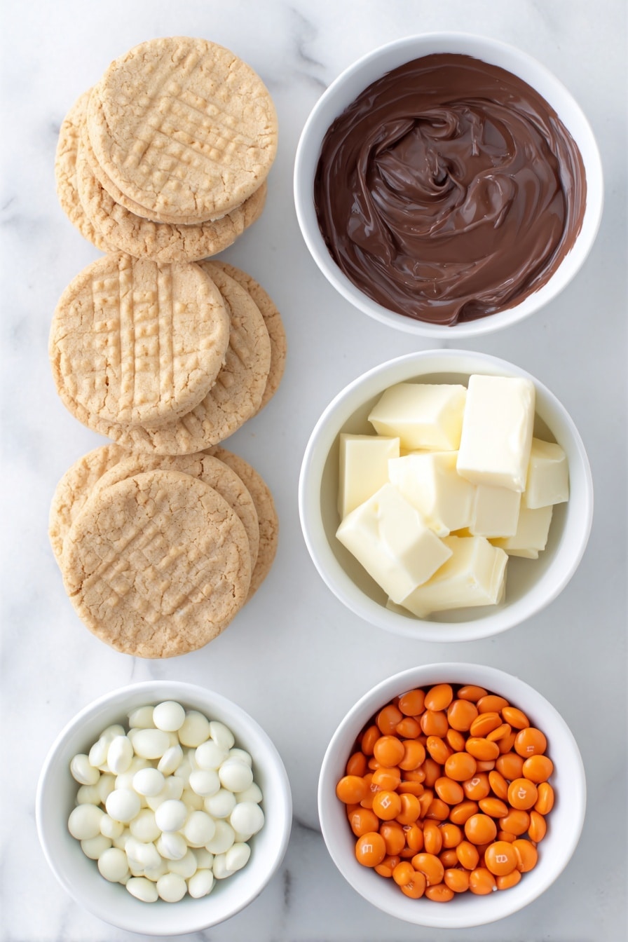 Flat lay of six whole Nutter Butter cookies, a small white bowl filled with glossy dark chocolate melting wafers, a small white bowl with smooth white candy melts, a small white bowl holding a mix of regular bright orange M&Ms, a small white bowl of tiny mini orange M&Ms, and a small white bowl with shiny edible candy eyes, all arranged symmetrically with perfect balance, placed on a clean white marble surface, soft natural light, photo taken with an iPhone, professional food photography style, fresh ingredients, white ceramic bowls, no bottles, no duplicates, no utensils, no packaging --ar 2:3 --v 7 --p m7354615311229779997 - Penguin Nutter Butter Cookies, fun holiday cookies, kid-friendly cookie recipes, adorable dessert ideas, easy festive treats