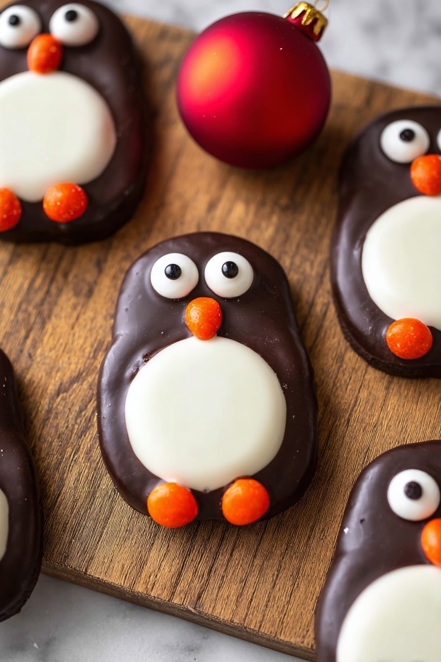 The image shows several penguin-shaped cookies placed on a wooden textured surface which should be imagined as white marble. Each cookie has three layers: a smooth dark brown chocolate base forming the penguin's body, a large round white candy on the lower belly area, and two small white circles with black dots as eyes positioned near the top. A small orange oval candy serves as the beak right below the eyes, and two small orange round candies are placed at the bottom as feet. A bright red Christmas ornament is partially visible at the top center. photo taken with an iphone --ar 2:3 --v 7 - Penguin Nutter Butter Cookies, fun holiday cookies, kid-friendly cookie recipes, adorable dessert ideas, easy festive treats