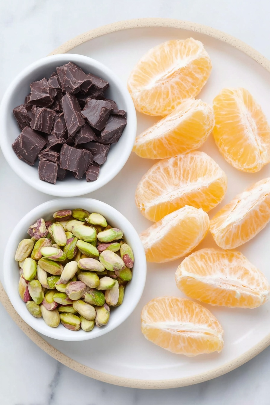 Chocolate Dipped Mandarin Slices Recipe 7 Flat lay of peeled mandarin segments arranged neatly beside a small pile of roughly chopped dark chocolate chunks, a small white ceramic bowl filled with finely chopped shelled pistachios, all placed on a simple white ceramic plate, placed on a clean white marble surface, soft natural light, photo taken with an iPhone, professional food photography style, fresh ingredients, white ceramic bowls, no bottles, no duplicates, no utensils, no packaging --ar 2:3 --v 7 --p m7354615311229779997 - Chocolate Dipped Mandarin Slices, simple citrus dessert, easy fruit chocolate treats, quick healthy snacks, homemade chocolate fruit dip