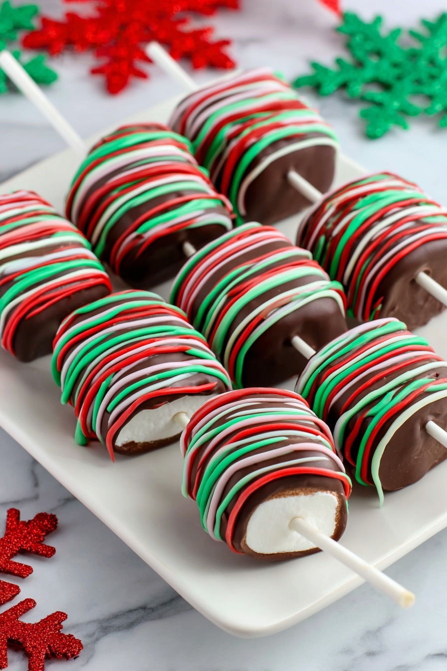 Christmas Marshmallow Pops Recipe 8 Four chocolate-covered marshmallows on white sticks are lined up closely on a white marbled surface. Each marshmallow is fully coated in smooth, shiny dark chocolate and decorated with thin, bright red, green, and white icing lines drizzled evenly around in a random crisscross pattern. The marshmallows are cylindrical and visible at the ends with the white stick inserted in the center of each. The colors stand out clearly against the rich brown chocolate, making them look festive and colorful. Photo taken with an iphone --ar 2:3 --v 7 - Christmas Marshmallow Pops Fun Festive Treats Holiday Candy Dipped Marshmallows