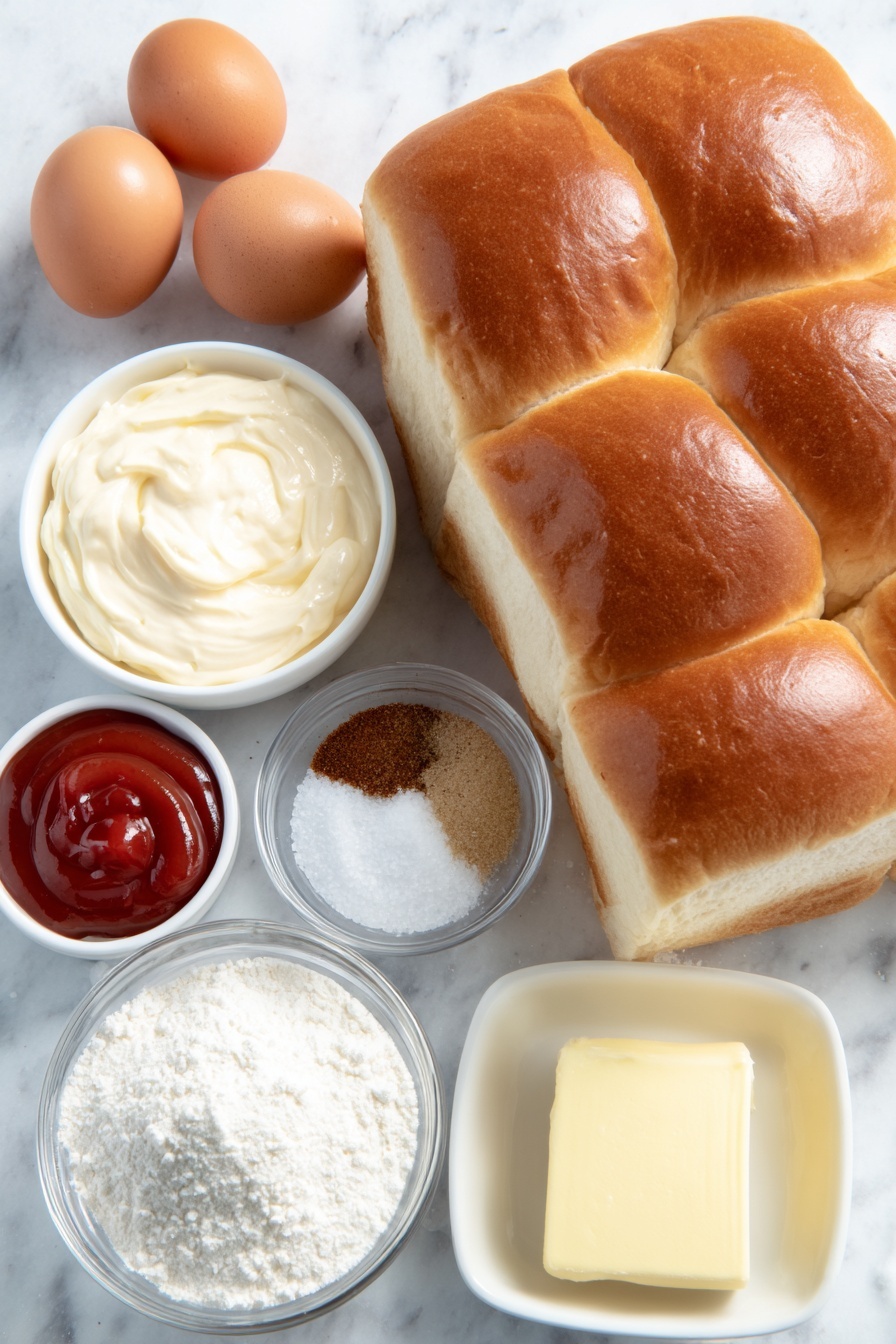 Flat lay of two whole uncracked brown eggs, a small white ceramic bowl of smooth pale pink Kewpie mayonnaise, a small white ceramic bowl of fine white granulated sugar, a small white ceramic bowl of bright red ketchup, a small white ceramic bowl of light brown ground nutmeg, a small white ceramic bowl of white MSG powder, a small white ceramic bowl of coarse white salt, a small white ceramic bowl of freshly cracked black pepper, two thick slices of fluffy white shokupan bread with a soft crust, a small square of pale yellow butter placed on a white ceramic dish, placed on a clean white marble surface, soft natural light, photo taken with an iPhone, professional food photography style, fresh ingredients, white ceramic bowls, no bottles, no duplicates, no utensils, no packaging --ar 2:3 --v 7 --p m7354615311229779997 - Japanese Egg Sandwich Tamago Sando, Japanese egg sandwich recipe, Tamago Sando ingredients, how to make Tamago Sando, Japanese comfort food sandwich
