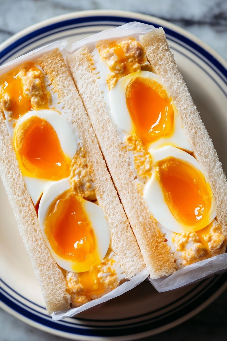 This image shows a close-up of a sandwich sliced in half on a white plate with a dark blue rim. Each sandwich piece has three layers: the outer layer is soft white bread with a light brown crust; the middle layer is bright white, smooth, and folded thinly, possibly a slice of cheese or delicate meat; the top layer is a soft-boiled egg with a bright orange, slightly runny yolk surrounded by firm, white egg white, and there are small bits of chopped egg mixed with a creamy, pale yellow sauce around the eggs. The sandwich halves are wrapped halfway in white paper, adding a clean look. The background is a white marbled surface. photo taken with an iphone --ar 2:3 --v 7 - Japanese Egg Sandwich Tamago Sando, Japanese egg sandwich recipe, Tamago Sando ingredients, how to make Tamago Sando, Japanese comfort food sandwich