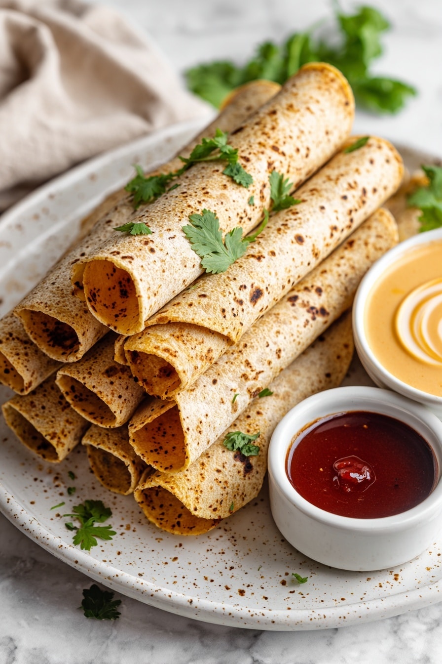 Baked Chicken Taquitos with Sriracha Cream Recipe 6 A close-up image of a woman's hand holding a crispy, golden-brown rolled taco with a slightly textured shell showing a soft orange filling with bits of meat and sauce inside. In the background, there are more rolled tacos stacked together on a white plate. To the right, a white bowl with a blue rim is filled with a creamy, light orange dipping sauce with a smooth swirl on top. The entire scene is set on a white marbled surface. photo taken with an iphone --ar 2:3 --v 7 - Baked Chicken Taquitos with Sriracha Cream, crispy chicken taquitos, baked chicken taquitos, Sriracha dip, cheesy chicken taquitos