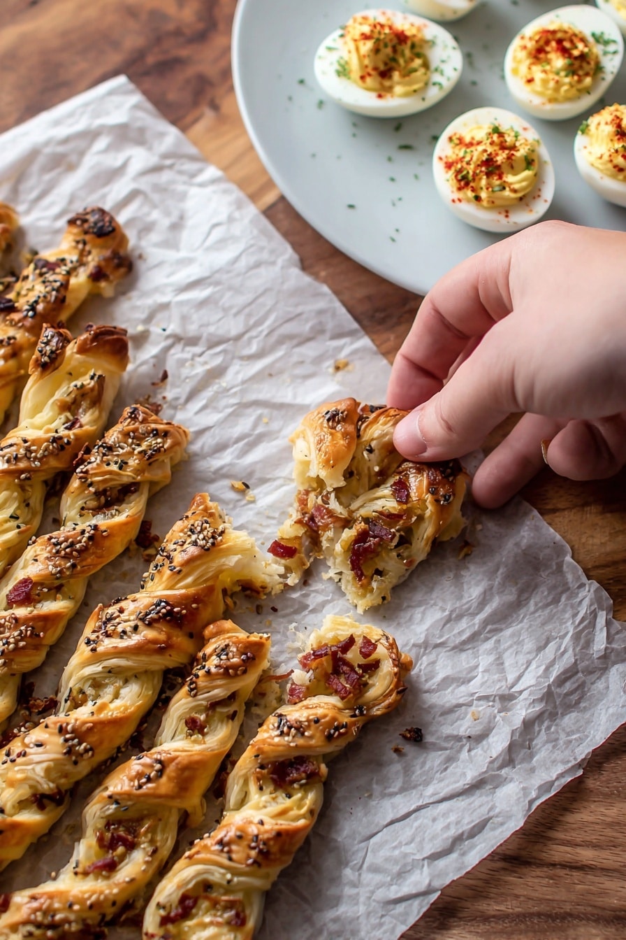 Ham and Cheese Puff Pastry Christmas Tree Recipe 6 A woman's hand is picking up a twisted puff pastry that is golden brown with visible layers of flaky dough and bits of red filling inside. The pastry sits on a crumpled white baking paper over a wooden surface now changed to white marbled texture. The puff pastry is shaped in twisted strips with some sprinkled with mixed seeds in dark and light brown colors on top. To the side, a white plate holds deviled eggs with creamy yellow filling topped with red powder and green herbs. Photo taken with an iphone --ar 2:3 --v 7 - Ham and Cheese Puff Pastry Christmas Tree, holiday appetizer, Christmas puff pastry recipe, festive cheese and ham appetizer, easy holiday party snack