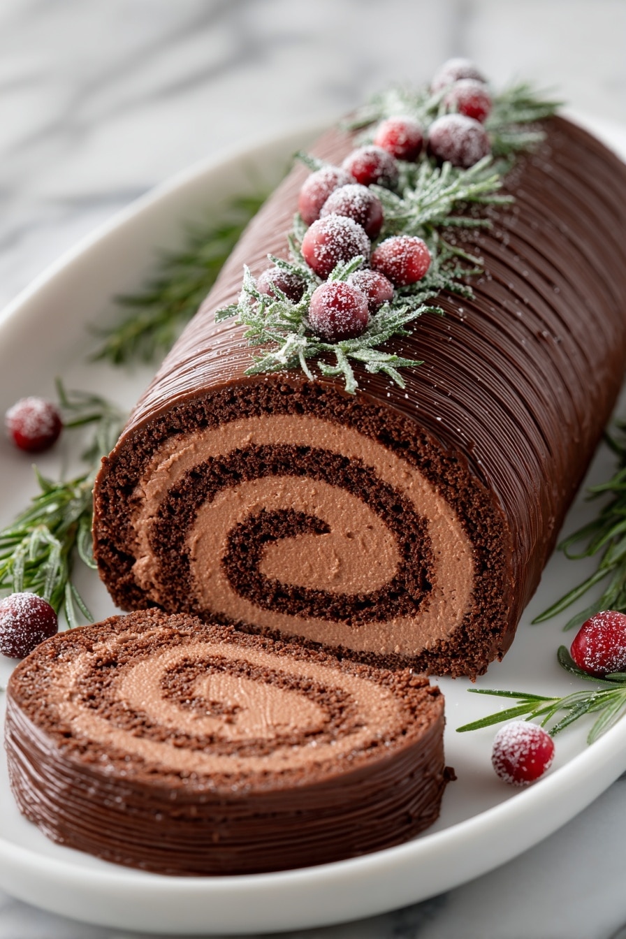 A chocolate roll cake with two visible layers, the outer layer is a smooth, dark chocolate frosting with fine horizontal ridges running along its length, and the inner layer is a thick, light brown mousse-like chocolate filling spiraled tightly inside a darker brown chocolate sponge cake. The cake is placed on a white plate, decorated with green rosemary sprigs and red cranberries dusted with powdered sugar that resembles snow. One slice is cut and laid flat next to the roll, showing the spiral pattern clearly, all set against a white marbled surface. photo taken with an iphone --ar 2:3 --v 7 - Chocolate Yule Log Cake, festive chocolate log cake recipe, holiday Yule Log dessert, how to make a Yule Log cake, chocolate dessert ideas for Christmas