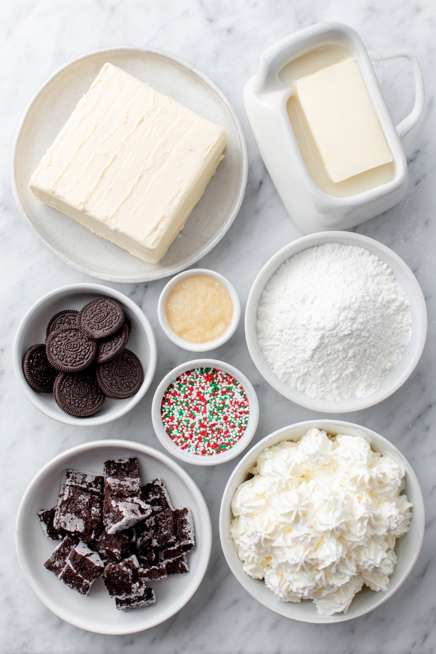 Flat lay of crushed and whole vanilla Oreo cookies, a small mound of golden melted butter, a block of creamy white cream cheese, a simple heap of fine white powdered sugar, colorful red and green holiday sprinkles scattered beside, two fluffy tubs of white whipped topping, a small white bowl with pale yellow cheesecake instant pudding powder, a small white bowl of cold milk, all arranged neatly in perfect symmetry on simple white ceramic bowls and plates, placed on a clean white marble surface, soft natural light, photo taken with an iPhone, professional food photography style, fresh ingredients, white ceramic bowls, no bottles, no duplicates, no utensils, no packaging --ar 2:3 --v 7 --p m7354615311229779997 - Christmas Cookie Lasagna, festive cookie dessert, no-bake Christmas dessert, holiday layered sweet treat, easy Christmas dessert