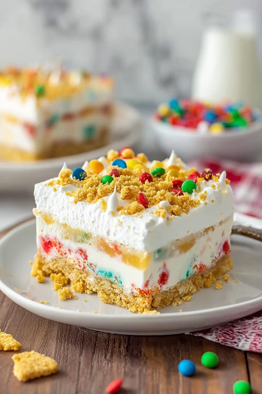 A square layered dessert on a white plate with a crumbly golden crust at the bottom, followed by a creamy white layer filled with colorful red, green, and orange sprinkles. Above this is a thicker white layer with more sprinkles mixed in, topped with a fluffy white whipped layer. On top of all layers are crunchy golden cereal pieces scattered. A woman's hand holds a silver fork with a piece of the dessert, showing all layers clearly. The background features a white marbled texture. photo taken with an iphone --ar 2:3 --v 7 - Christmas Cookie Lasagna, festive cookie dessert, no-bake Christmas dessert, holiday layered sweet treat, easy Christmas dessert