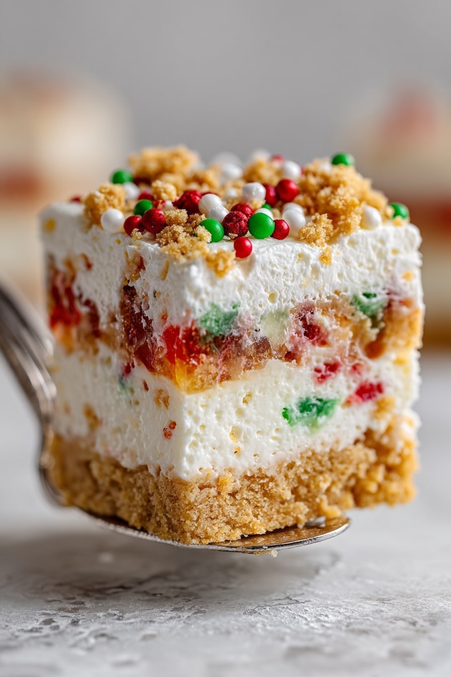 The image shows a square dessert with four visible layers. The bottom layer is a crumbly golden cookie base. Above it is a thick white creamy layer with small red and green specks inside. The third layer is a translucent jelly, also with tiny red and green bits scattered within it. The top layer is a fluffy white cream topped with crumbled golden cookies and red, green, and white round sprinkles. The dessert is held up on a spatula, set against a white marbled textured surface. photo taken with an iphone --ar 2:3 --v 7 - Christmas Cookie Lasagna, festive cookie dessert, no-bake Christmas dessert, holiday layered sweet treat, easy Christmas dessert
