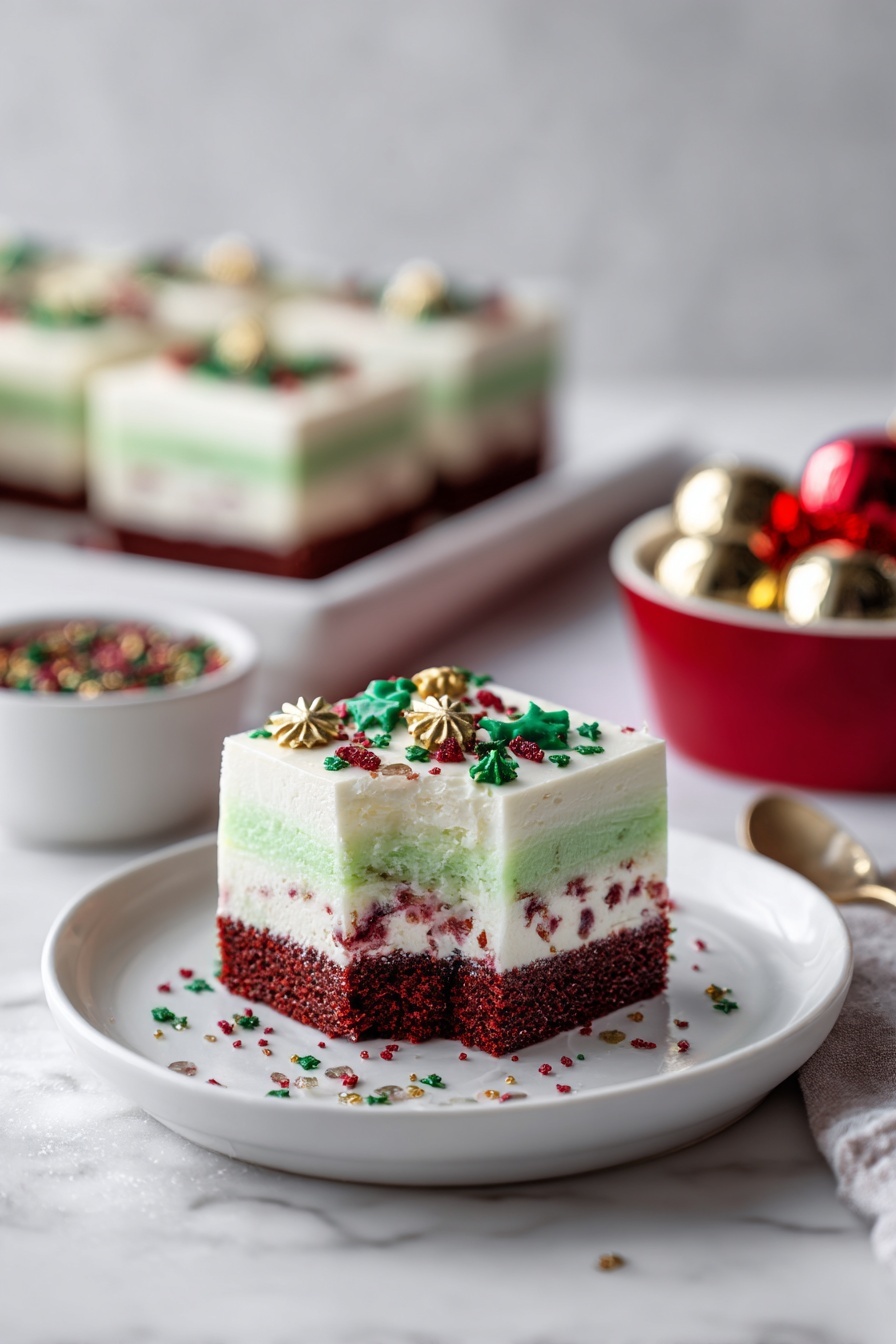 Festive Red Velvet Christmas Lasagna Recipe 8 The image shows a colorful layered dessert on a white plate with a bite taken from it, placed on a white marbled surface. The dessert has three visible layers: a bottom layer of dark red cake with a soft texture; a middle creamy layer with white and light green swirls; and a thick top layer of white whipped cream sprinkled with green, red, and gold festive sprinkles in various shapes like tiny balls and stars. In the background, a white pan holds more of the dessert, topped with the same sprinkles, and another white plate with a full piece of the same dessert is partly visible. A fork lies beside the plate, and silver holiday decorations are scattered nearby. Photo taken with an iphone --ar 2:3 --v 7 - Festive Red Velvet Christmas Lasagna, Christmas dessert ideas, holiday dessert recipes, layered Christmas dessert, red velvet holiday treat