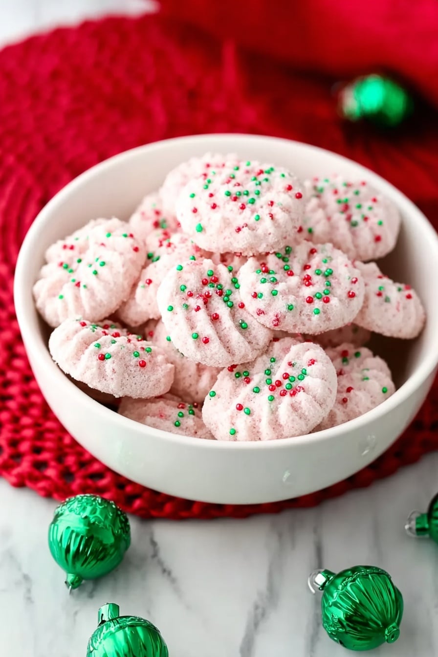 Christmas Mint Cream Cheese Mints Recipe 8 A white bowl is filled with small, round cookies that are soft pink in color. Each cookie has a slightly ridged surface from pressing with a fork and is covered with tiny red and green round sprinkles, giving a festive look. The bowl is set on a white marbled surface, and in the background, there is a red textured circular mat and scattered green jingle bells adding a holiday feel. photo taken with an iphone --ar 2:3 --v 7 - Christmas Mint Cream Cheese Mints, mint cream cheese mints, holiday mint candies, festive cream cheese mints, easy Christmas mint treats