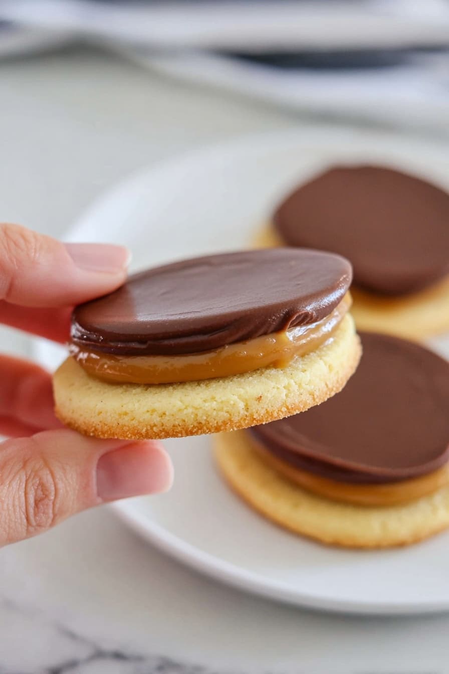 A close-up image shows a woman's hand holding a round cookie with three layers: the bottom layer is a light golden cookie, the middle layer is a smooth golden caramel, and the top layer is thick, silky dark chocolate spread. In the background, two more cookies with the same layers sit on a white plate on a white marbled surface. The scene is bright and simple, focusing on the textures and colors of the sweet layers photo taken with an iphone --ar 2:3 --v 7 - Twix Cookies with Caramel and Chocolate, homemade Twix cookie bars, caramel chocolate cookie recipe, easiest Twix-inspired cookies, chewy caramel chocolate cookies