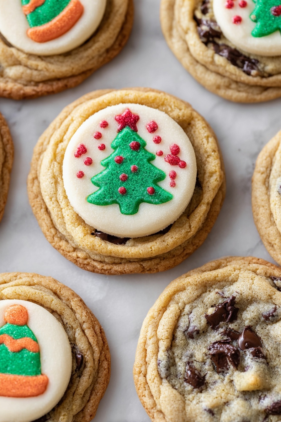 The image shows several chocolate chip cookies each with two layers: the outer layer is a golden brown, thick, soft textured chocolate chip cookie with visible dark chocolate chips, and the inner layer is a flat, round, light cream-colored sugar cookie placed in the center of the chocolate chip cookies. On top of each sugar cookie layer, there are colorful Christmas-themed designs, such as a green tree with red dots and a red top and a green elf hat with an orange strip. The cookies are arranged on a white plate resting on a white marbled surface. photo taken with an iphone --ar 2:3 --v 7 - Chocolate Chip Sugar Cookie Bars, easy cookie bars recipe, chewy cookie bars with chocolate chips, quick dessert bars, homemade cookie bar recipe
