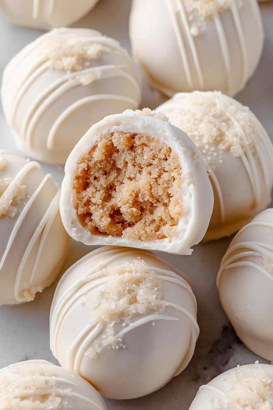 The image shows a close-up of small round white treats arranged together on a white marbled surface. Each treat has a smooth white outer layer with some decorated by thin white drizzle patterns, creating a lace-like effect. One treat is broken open on top, showing its inner filling which is dense, crumbly, and light brown in color. The contrast between the smooth white shell and the textured brown inside is clear, making the treats look inviting and delicate. Photo taken with an iphone --ar 2:3 --v 7 - Peanut Butter Snowball Cookies, easy snowball cookies, no-bake peanut butter cookies, soft and nutty cookies, holiday cookie recipes