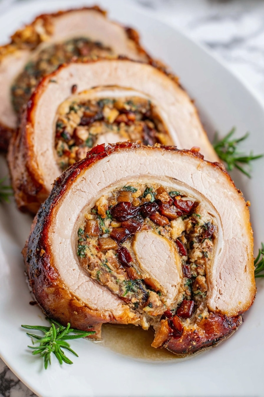 Apple Bacon Stuffed Pork Loin Roll Recipe 8 The image shows two thick slices of rolled meat with a golden brown crust on the outside, placed on a white plate. Each slice reveals three visible layers: the outer layer is a roasted meat with a slightly crispy texture and light brown color, the middle layer is filled with a mixture of small, finely chopped ingredients in colors like dark red, green, and beige, creating a spiral pattern, and the innermost layer is a lighter, cream-colored meat. There are small green herb sprigs on top of the slices and on the plate. The plate sits on a white marbled surface. photo taken with an iphone --ar 2:3 --v 7 - Apple Bacon Stuffed Pork Loin, pork loin roll with apples and bacon, savory stuffed pork recipes, holiday pork main dish, easy pork loin roll ideas