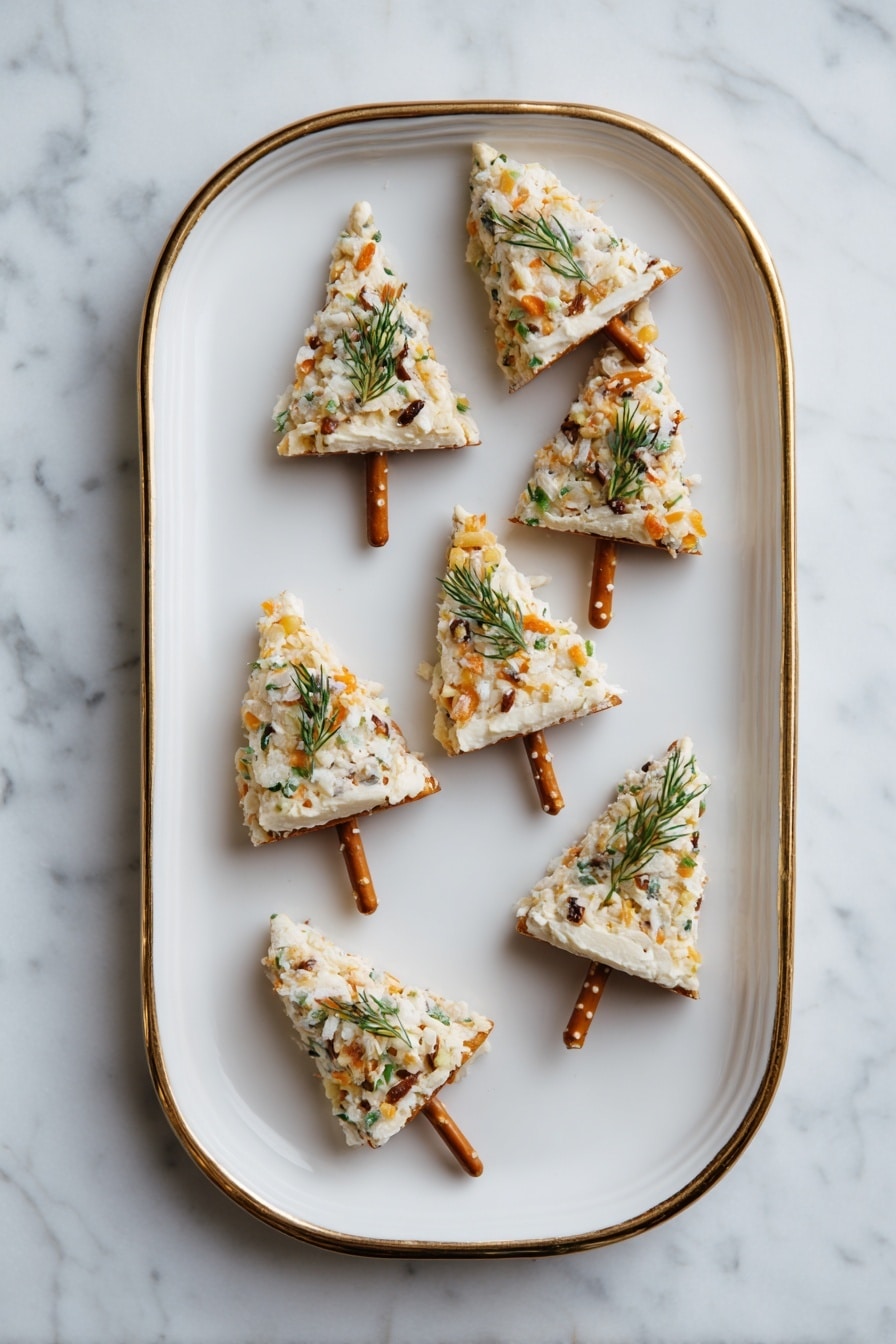 The image shows seven triangular Christmas tree-shaped snacks laid out on a white marbled surface. Each snack has two layers: the top layer is creamy white, covered with scattered herbs and spices in green, red, and brown colors, giving a textured look, while the bottom part is a short brown pretzel stick acting as the tree trunk. The tree shapes are well-defined with pointed tops, and the herb and spice pieces vary in size, adding natural detail. The snacks are spaced evenly, with a clean and bright background. photo taken with an iphone --ar 2:3 --v 7 - Christmas Cheese Trees, festive appetizer, holiday party snacks, easy Christmas appetizers, cheese appetizer ideas