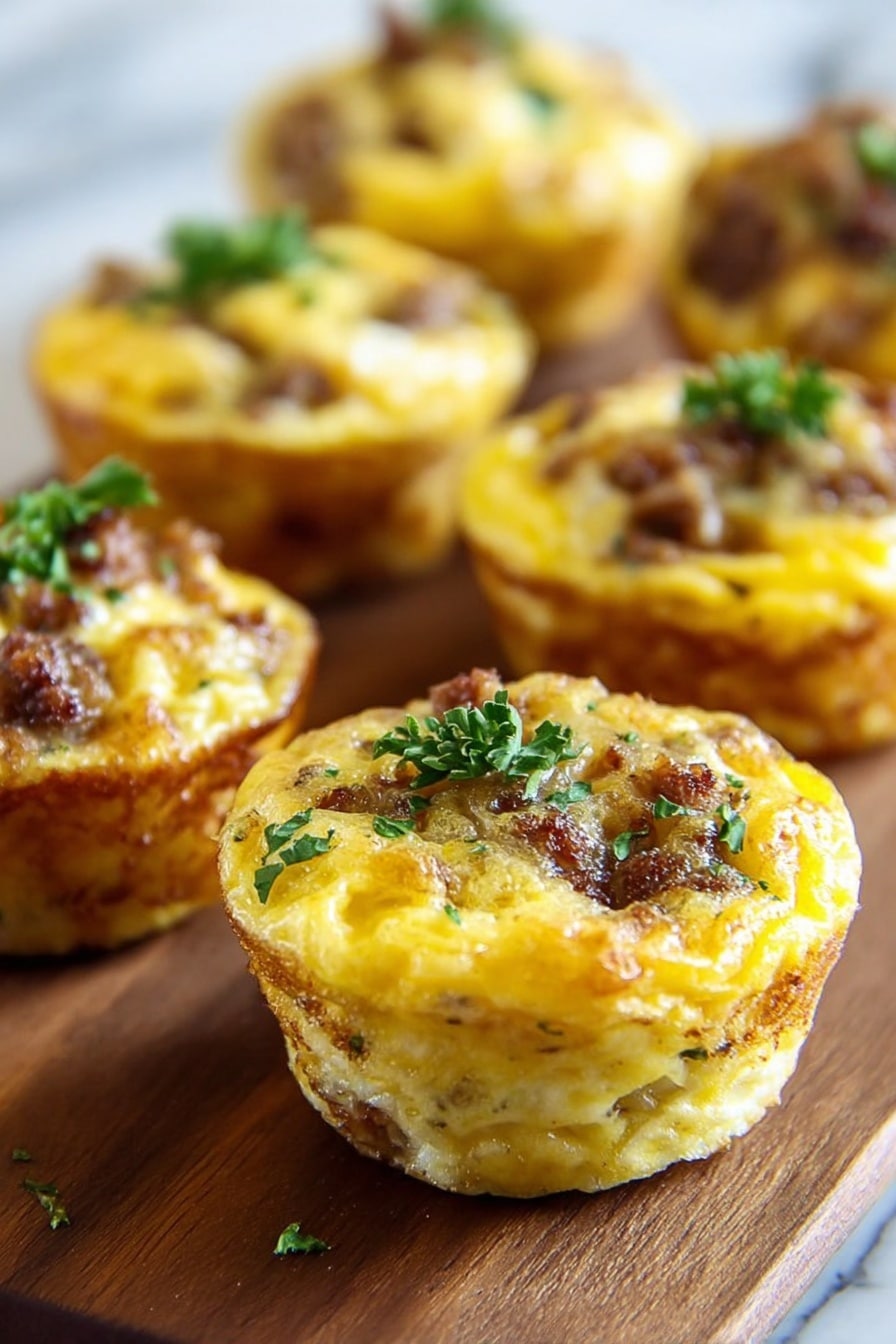 The image shows several small egg muffins placed on a wooden board over a white marbled surface. Each muffin has a golden-yellow top layer with a slightly browned edge, embedded with small bits of cooked sausage visible on top and throughout the muffin. The muffins are sprinkled with small green parsley leaves, adding a fresh touch. The texture looks soft and fluffy inside with a light crust around the sides. The muffins are arranged close together, with the closest one in sharp focus and others slightly blurred in the background. Photo taken with an iphone --ar 2:3 --v 7 - Spicy Sausage Egg Muffin Bites, breakfast appetizer recipes, easy portable breakfast ideas, quick breakfast egg bites, spicy sausage brunch recipes