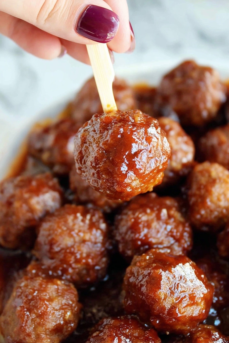 Cranberry BBQ Meatballs Recipe 8 A close-up image shows a woman's hand with purple polished nails holding a small brown meatball on a toothpick above many other similar meatballs covered in a shiny dark reddish-brown sauce, all placed on a white marbled surface. The meatballs have a textured, slightly rough surface and appear moist from the sauce. Photo taken with an iphone --ar 2:3 --v 7 - Cranberry BBQ Meatballs, cranberry BBQ meatballs, easy meatball appetizer, flavorful slow cooker meatballs, festive party meatballs