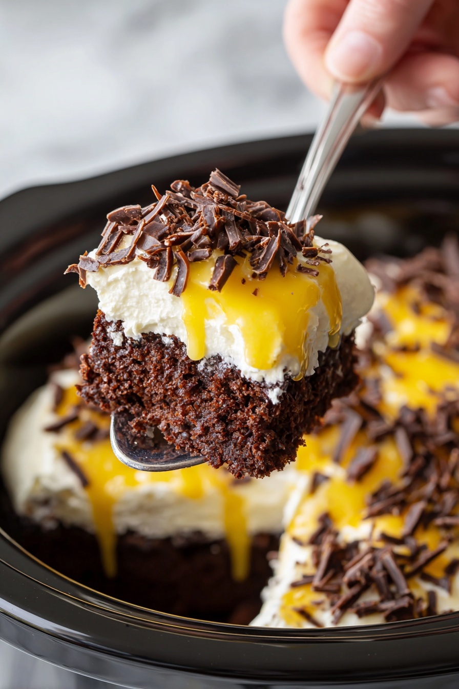 Slow Cooker Chocolate Caramel Cake Recipe 8 A close-up of a thick piece of dark brown chocolate cake layered with creamy white frosting in the middle and on top. The cake is covered with curly pieces of chocolate and a bright yellow sauce drizzled over the top and sides, making it look sticky and rich. The piece is being lifted by a wooden spatula from a black slow cooker filled with more chocolate cake, white frosting, chocolate pieces, and the same yellow sauce scattered on top. The background surface is white marble. Photo taken with an iphone --ar 2:3 --v 7 - Slow Cooker Chocolate Caramel Cake, Chocolate Caramel Cake, Easy Slow Cooker Desserts, No Bake Chocolate Cake, Decadent Slow Cooker Desserts