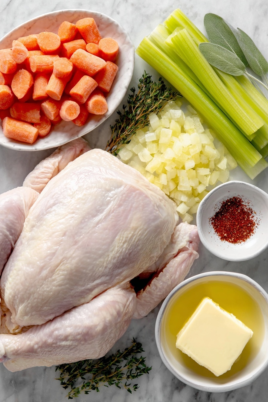 Slow Cooker Whole Chicken with Stuffing Recipe 7 Flat lay of a whole raw chicken with pale pink skin, two bright orange diced carrots piled neatly, a small mound of diced yellow onion with visible layers, two fresh celery ribs cut into pieces showing crisp texture, a few sprigs of dried thyme and sage arranged delicately, a small heap of reddish paprika powder, a pat of salted butter melted in a small white ceramic bowl, and an unopened box of herb-flavored stove top stuffing mix beside the ingredients, all placed symmetrically on simple white ceramic dishes and bowls, placed on a clean white marble surface, soft natural light, photo taken with an iPhone, professional food photography style, fresh ingredients, white ceramic bowls, no bottles, no duplicates, no utensils, no packaging --ar 2:3 --v 7 --p m7354615311229779997 - Slow Cooker Whole Chicken with Stuffing, easy slow cooker chicken recipes, comforting chicken and stuffing dinner, effortless slow cooker meals, homemade chicken stuffing dish