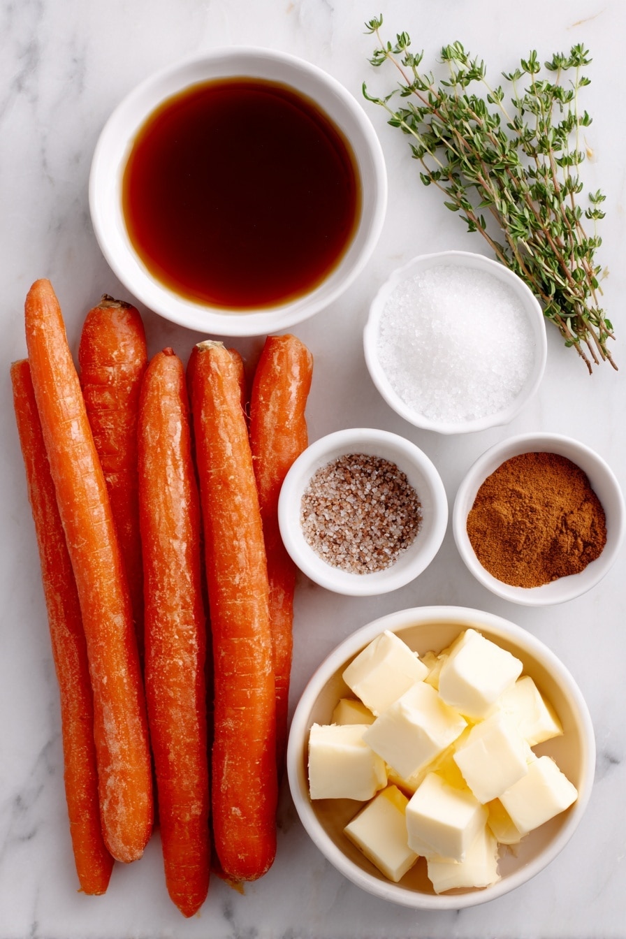 Slow Cooker Maple Glazed Carrots Recipe 7 Flat lay of fresh whole baby carrots with vibrant orange color, a small white bowl filled with deep golden maple syrup, a small white bowl holding packed light brown sugar, neat cubes of pale yellow butter, a small white bowl of fine white salt, a small white bowl of warm brown ground cinnamon, a small white bowl of finely ground black pepper, and a few sprigs of fresh green thyme arranged elegantly, all placed on a clean white marble surface, soft natural light, photo taken with an iPhone, professional food photography style, fresh ingredients, white ceramic bowls, no bottles, no duplicates, no utensils, no packaging --ar 2:3 --v 7 --p m7354615311229779997 - Slow Cooker Maple Glazed Carrots, maple glazed carrots, easy vegetable side dish, holiday carrot recipes, tender carrot side dish