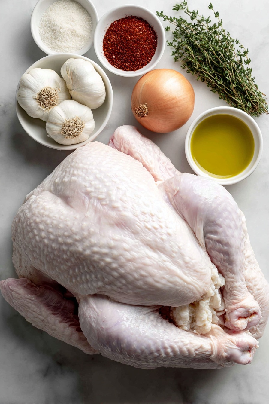 Juicy Slow Cooker Turkey Breast Recipe 7 Flat lay of a large raw turkey breast with skin on, a whole head of garlic cut horizontally in half showing fresh cloves, a halved unpeeled brown onion, five fresh sprigs of thyme, a small white ceramic bowl with a reddish paprika powder, a small white bowl with finely ground garlic powder, a small white bowl with onion powder, a small white bowl with coarse salt, a small white bowl with freshly ground black pepper, and a small white bowl filled with golden olive oil, placed on a clean white marble surface, soft natural light, photo taken with an iPhone, professional food photography style, fresh ingredients, white ceramic bowls, no bottles, no duplicates, no utensils, no packaging --ar 2:3 --v 7 --p m7354615311229779997 - Juicy Slow Cooker Turkey Breast, easy turkey dinner recipe, tender turkey breast, slow cooker turkey ideas, holiday turkey recipe