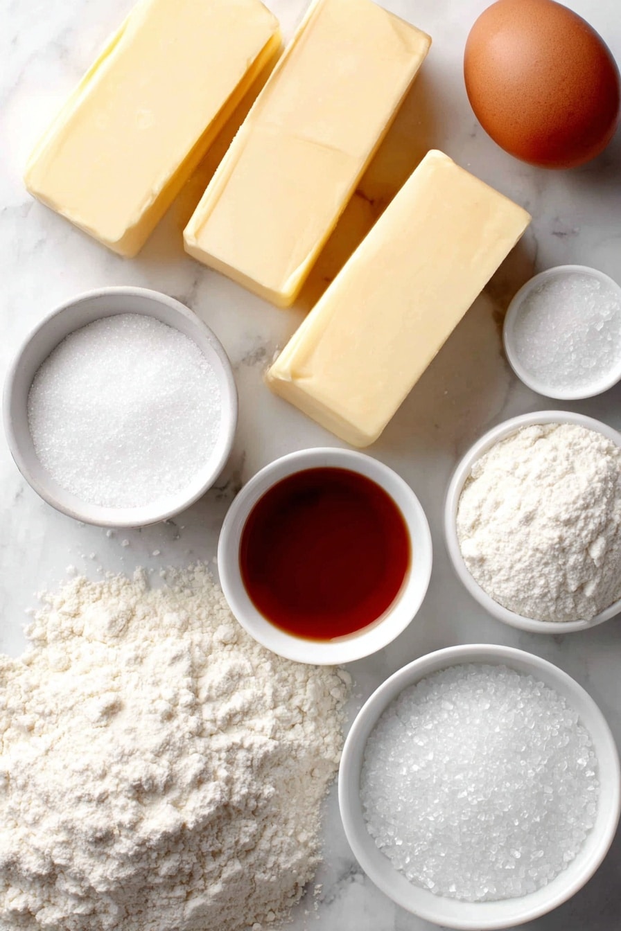 Flat lay of two sticks of unsalted butter with smooth surfaces, a small heap of white granulated sugar, a tiny white bowl with clear peppermint extract, a tiny white bowl with pale vanilla extract, a small mound of fine baking powder, a small pile of coarse kosher salt, one large whole egg with clean shell, a neat mound of all-purpose flour, a tiny white bowl containing bright red liquid food coloring, a small white bowl with frothy egg white, and a small white bowl filled with sparkling sugar crystals, all arranged symmetrically and placed on a clean white marble surface, soft natural light, photo taken with an iPhone, professional food photography style, fresh ingredients, white ceramic bowls, no bottles, no duplicates, no utensils, no packaging --ar 2:3 --v 7 --p m7354615311229779997 - Peppermint Candy Cane Cookies, holiday cookies, festive peppermint cookies, candy cane shaped cookies, Christmas cookie recipes