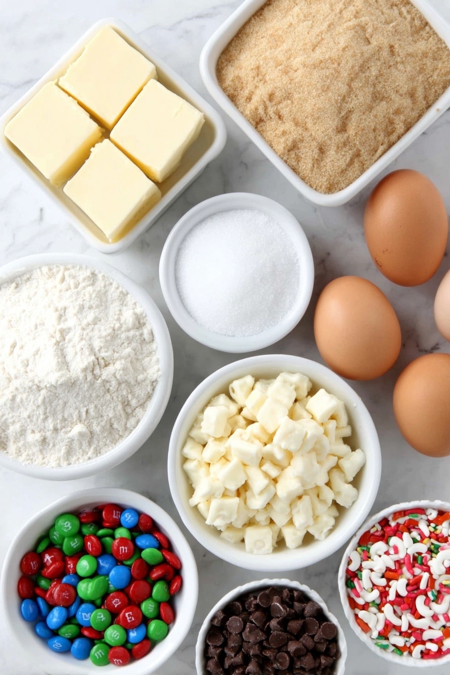 Flat lay of a few cubes of soft salted butter, a small white ceramic bowl of packed light brown sugar, a small white ceramic bowl of granulated white sugar, two whole uncracked brown eggs, a small white ceramic bowl with amber vanilla bean paste, a small mound of pale all-purpose flour, a small white ceramic bowl with a mix of red and green M&M's, a small white ceramic bowl of white chocolate chips, a small white ceramic bowl of broken pretzel pieces, a small white ceramic bowl of broken potato chip pieces, and a small white ceramic bowl of red and green jimmies, all arranged with perfect symmetry and balanced proportions, placed on a clean white marble surface, soft natural light, photo taken with an iPhone, professional food photography style, fresh ingredients, white ceramic bowls, no bottles, no duplicates, no utensils, no packaging --ar 2:3 --v 7 --p m7354615311229779997 - Christmas Kitchen Sink Cookies, holiday cookie recipes, festive cookies with mix-ins, easy Christmas cookies, colorful holiday treats