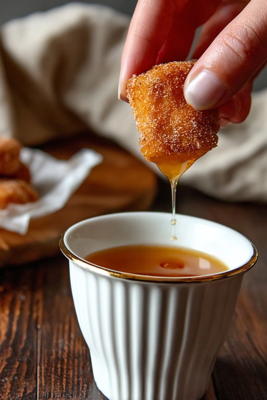 Cinnamon Sugar Churro Bites Recipe 8 The image shows a white bowl with a honeycomb pattern filled with golden brown fried dough balls coated in sugar. The dough balls have a rough texture and some are dripping with sticky caramel sauce. The bowl is placed on a dark wooden surface, with some sugar granules scattered around. In the background, there is a tall glass of latte on a white marbled surface, and a blurred brown cloth napkin. photo taken with an iphone --ar 2:3 --v 7 - Cinnamon Sugar Churro Bites, churro bites, easy churro recipe, bite-sized churros, cinnamon sugar snacks