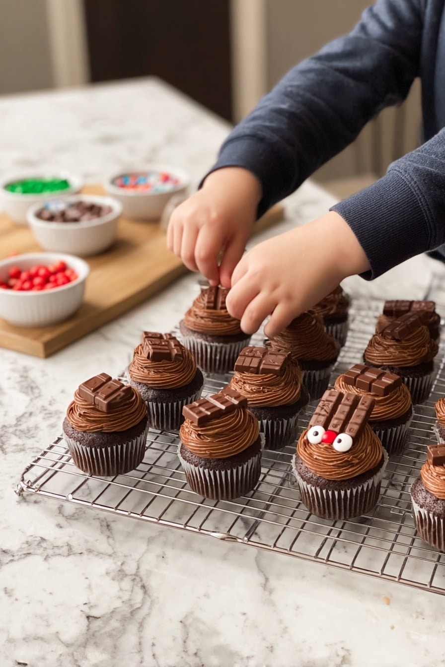Rudolph Cupcakes with Candy Eyes and Pretzel Antlers Recipe 8 There are twelve chocolate cupcakes on a metal cooling rack placed on a white marbled countertop. Each cupcake has one thick layer of brown chocolate frosting swirled on top, with two cupcakes having an extra decoration layer with a small piece of chocolate bar on top, decorated with two white candy eyes and a red candy nose. A child wearing a dark long sleeve shirt is using both hands to place the chocolate bar piece on one of these cupcakes. In the background, there is a light wooden board holding small bowls with candies and chocolate decorations. Photo taken with an iphone --ar 2:3 --v 7 - Rudolph Cupcakes with Candy Eyes and Pretzel Antlers, Rudolph Cupcakes, Christmas Cupcake Ideas, Holiday Baking Recipes, Festive Cupcake Decorations