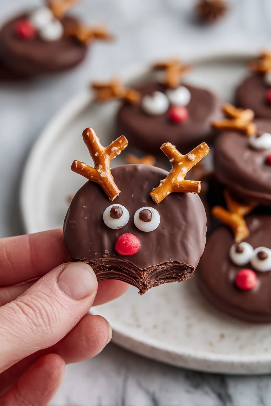 The image shows a white plate on a white marbled surface holding several chocolate-covered donuts. Each donut has a smooth, shiny dark brown chocolate glaze covering the top. Two of the donuts are decorated like reindeer, with small white candy eyes that have brown dots in the center, a red circular candy nose in the middle, and pretzel sticks acting as antlers sticking out from the top sides. The other donuts are plain with just the glossy chocolate glaze. The colors are mainly dark brown, white, and bright red with light tan from the pretzels. Photo taken with an iphone --ar 2:3 --v 7 - Chocolate Frosted Reindeer Donuts, festive holiday donuts, cute reindeer donut decorations, easy holiday donut recipe, Christmas donut ideas
