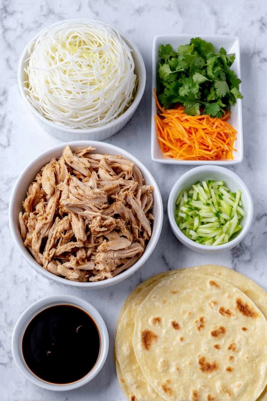 Flat lay of cooked shredded chicken, a small white bowl of glossy teriyaki sauce, a nest of delicate vermicelli rice noodles, two soft flour tortillas folded gently, a small heap of shredded purple cabbage, a small pile of shredded bright orange carrots, thin julienned cucumber strips, thin julienned red bell pepper strips, sliced green onions, fresh cilantro leaves scattered loosely, extra teriyaki sauce in a small white bowl, all arranged with perfect symmetry on simple white ceramic bowls and plates placed on a clean white marble surface, soft natural light, photo taken with an iPhone, professional food photography style, fresh ingredients, white ceramic bowls, no bottles, no duplicates, no utensils, no packaging --ar 2:3 --v 7 --p m7354615311229779997 - Chicken Teriyaki Wraps, Asian-inspired chicken wraps, quick dinner recipes, healthy lunch ideas, flavorful chicken wraps
