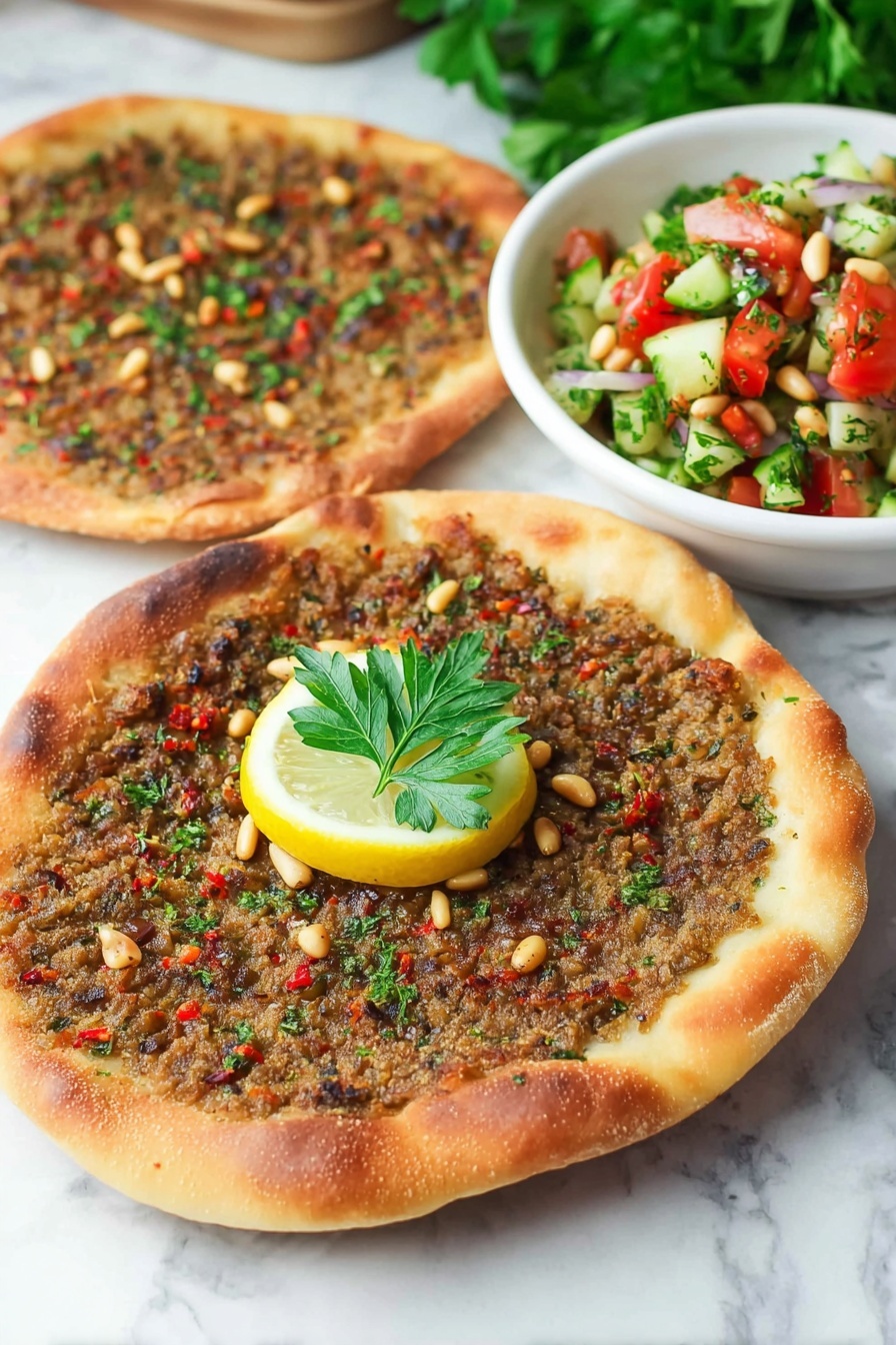 Two round flatbreads with crispy golden edges sit on a white marbled surface, each topped with a finely textured mix of ground meat and small red and purple vegetable bits scattered throughout. Light brown pine nuts are spread evenly over the meat layer. On the flatbread in front, there is a thin slice of lemon with fresh green parsley leaves on top, placed in the center. To the right, there is a white bowl filled with a chunky salad made of diced cucumbers, tomatoes, onions, and green herbs. In the background, blurred green parsley leaves add a fresh touch. photo taken with an iphone --ar 2:3 --v 7 - Turkish Lamb Lahmacun, lamb lahmacun, Turkish flatbread pizza, spicy lamb flatbread, authentic Turkish cuisine