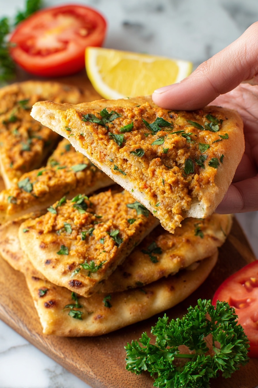 Three flat round breads stacked on a wooden board on a white marbled surface, each bread topped with a rough-textured mix of brownish-orange meat and finely chopped herbs. On the top flatbread, a yellow lemon wedge sits in the center along with a bright red tomato slice and some green parsley leaves. Around the board, there are some more tomato slices and parsley leaves scattered. The photo taken with an iphone --ar 2:3 --v 7 - Turkish Lamb Lahmacun, lamb lahmacun, Turkish flatbread pizza, spicy lamb flatbread, authentic Turkish cuisine