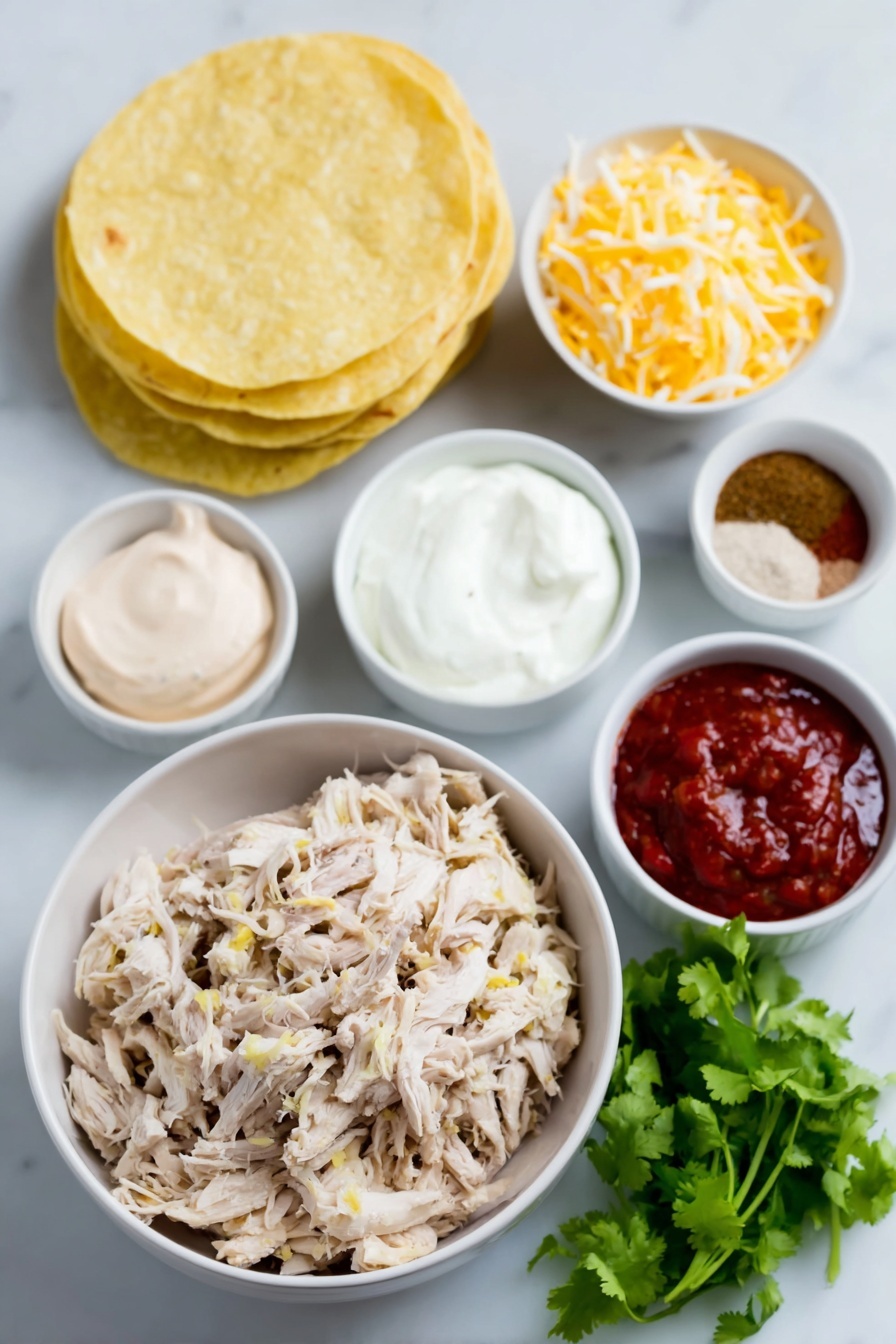 Baked Chicken Taquitos with Sriracha Cream Recipe 7 Flat lay of cooked shredded chicken piled in a simple white ceramic bowl, a small white bowl of creamy white cream cheese, a small white bowl filled with grated bright orange cheddar cheese, a small white bowl holding mild green chilis, a small white bowl with reddish-brown chili powder, a small white bowl of ground cumin, a small white bowl of pale garlic powder, a small white bowl of fine white salt, a neat stack of fresh yellow corn tortillas, a few bright green sprigs of fresh cilantro, a small white bowl of smooth white sour cream, a small white bowl of vibrant red mild salsa, and a small white bowl with pale pink sriracha cream sauce—all arranged symmetrically and evenly spaced on a clean white marble surface, soft natural light, photo taken with an iPhone, professional food photography style, fresh ingredients, white ceramic bowls, no bottles, no duplicates, no utensils, no packaging --ar 2:3 --v 7 --p m7354615311229779997 - Baked Chicken Taquitos with Sriracha Cream, crispy chicken taquitos, baked chicken taquitos, Sriracha dip, cheesy chicken taquitos