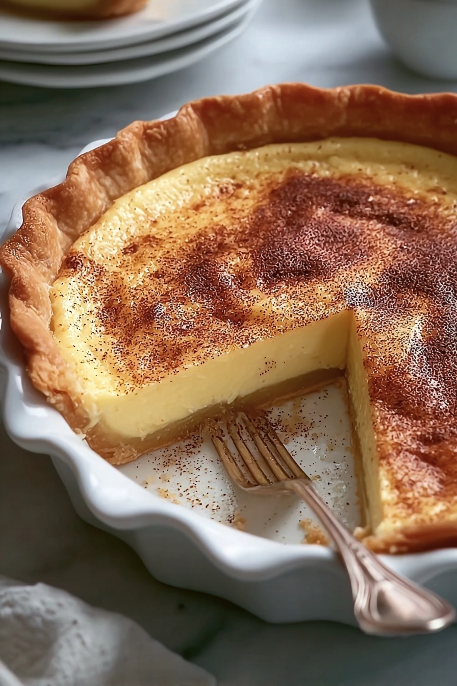 Christmas Eve Cinnamon Custard Pie Recipe 8 The image shows a slice of pie with two clear layers on a white plate: the bottom layer is dark brown and crumbly, while the top layer is a smooth, creamy yellow. On top of the slice is a swirl of white whipped cream sprinkled with light brown powder. Next to the pie slice are two cinnamon sticks. The background shows a blurry white cup and warm glowing lights with a white marbled surface underneath. photo taken with an iphone --ar 2:3 --v 7 - Christmas Eve Cinnamon Custard Pie, holiday custard pie, cinnamon dessert recipe, festive pie with vanilla, cozy Christmas dessert