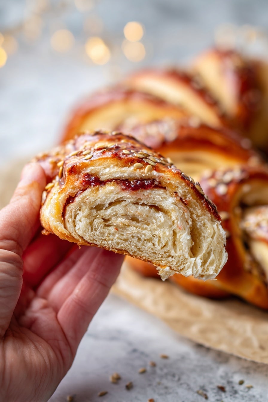 Ham and Cheese Puff Pastry Christmas Tree Recipe 8 The image shows a twisted bread shaped like a Christmas tree, made of layers of golden brown dough. The dough is twisted in several rows creating a textured, braided effect with a glossy, baked surface. Inside some twists, there is a thin red filling visible, likely a savory or sweet sauce. The top of the bread is sprinkled with mixed seeds in shades of brown, cream, and black, adding a crunchy texture. It is placed on a light parchment paper on a white marbled surface with a warm tone in the background. The shape and color make it look festive and homemade. photo taken with an iphone --ar 2:3 --v 7 - Ham and Cheese Puff Pastry Christmas Tree, holiday appetizer, Christmas puff pastry recipe, festive cheese and ham appetizer, easy holiday party snack