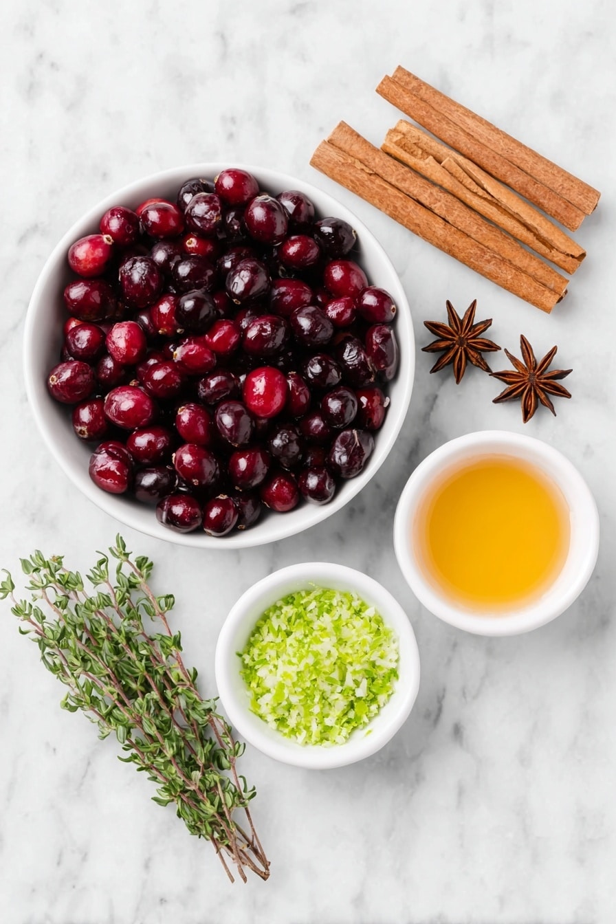 Festive Cranberry Ginger Punch Recipe 7 Flat lay of a small white ceramic bowl of deep red fresh cranberries, a few whole cinnamon sticks arranged neatly, six whole star anise pods, five fresh thyme sprigs with vibrant green leaves, a small white bowl filled with bright orange orange juice, a small white bowl holding light red cranberry juice, a small white bowl with golden ginger ale liquid, a small white bowl with finely grated green lime zest, all placed symmetrically on a clean white marble surface, soft natural light, photo taken with an iPhone, professional food photography style, fresh ingredients, white ceramic bowls, no bottles, no duplicates, no utensils, no packaging --ar 2:3 --v 7 --p m7354615311229779997 - Festive Cranberry Ginger Punch, holiday punch, Christmas party drinks, easy holiday beverage, cranberry ginger punch recipe