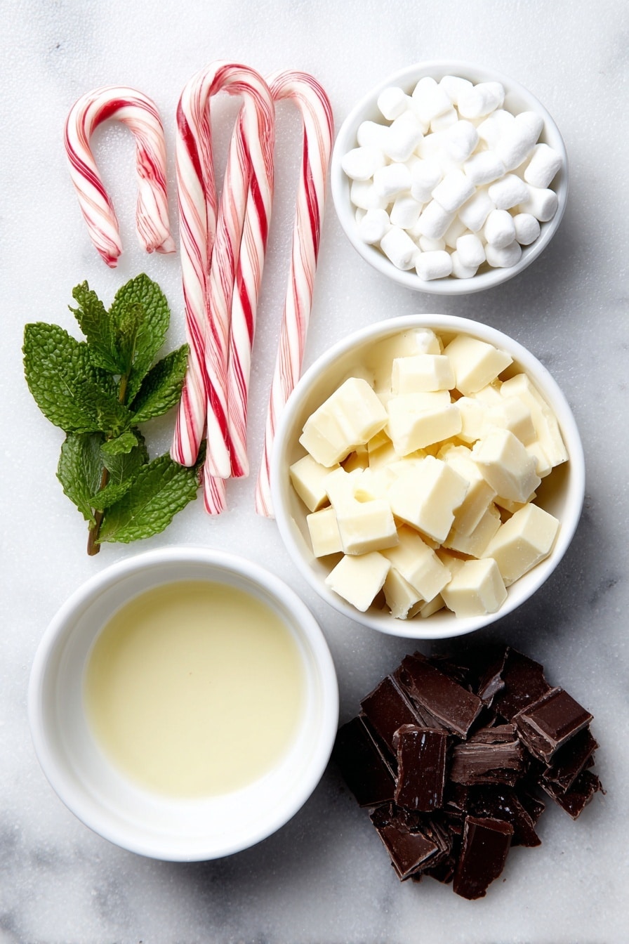 Double Chocolate Peppermint Fudge Recipe 7 Flat lay of a few whole peppermint candy canes, a small pile of crushed peppermint candy pieces, a small white ceramic bowl filled with mini marshmallows, a small white ceramic bowl with smooth sweetened condensed milk, a small white ceramic bowl holding clear pure vanilla extract, roughly chopped pieces of bittersweet chocolate arranged neatly, roughly chopped pieces of white chocolate displayed symmetrically, a few fresh sprigs of peppermint leaves placed decoratively, all ingredients set in perfect symmetry on simple white ceramic bowls and directly on the surface, placed on a clean white marble surface, soft natural light, photo taken with an iPhone, professional food photography style, fresh ingredients, white ceramic bowls, no bottles, no duplicates, no utensils, no packaging --ar 2:3 --v 7 --p m7354615311229779997 - Double Chocolate Peppermint Fudge, peppermint chocolate fudge, holiday fudge recipes, Christmas fudge ideas, festive chocolate treats