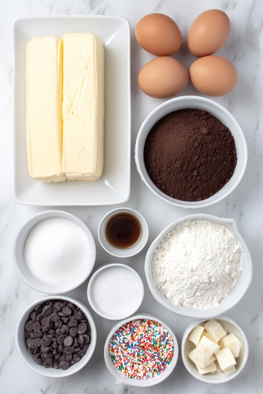 Flat lay of unsalted butter sticks arranged neatly, a small white ceramic bowl filled with granulated sugar, four whole uncracked brown eggs, a small white bowl with clear vanilla extract, a small white bowl of all-purpose flour, a small white bowl of unsweetened cocoa powder, a small white bowl of baking powder, a small white bowl of salt, a small white bowl of semi-sweet chocolate chips, three small white bowls each containing melted candy melts in red, green, and white, and a small white bowl of assorted mini candy bows and colorful holiday sprinkles, all placed on a clean white marble surface, soft natural light, photo taken with an iPhone, professional food photography style, fresh ingredients, white ceramic bowls, no bottles, no duplicates, no utensils, no packaging --ar 2:3 --v 7 --p m7354615311229779997 - Christmas Present Fudge Brownies, festive brownie ideas, holiday dessert recipes, Christmas gift treats, fudge brownie decorations