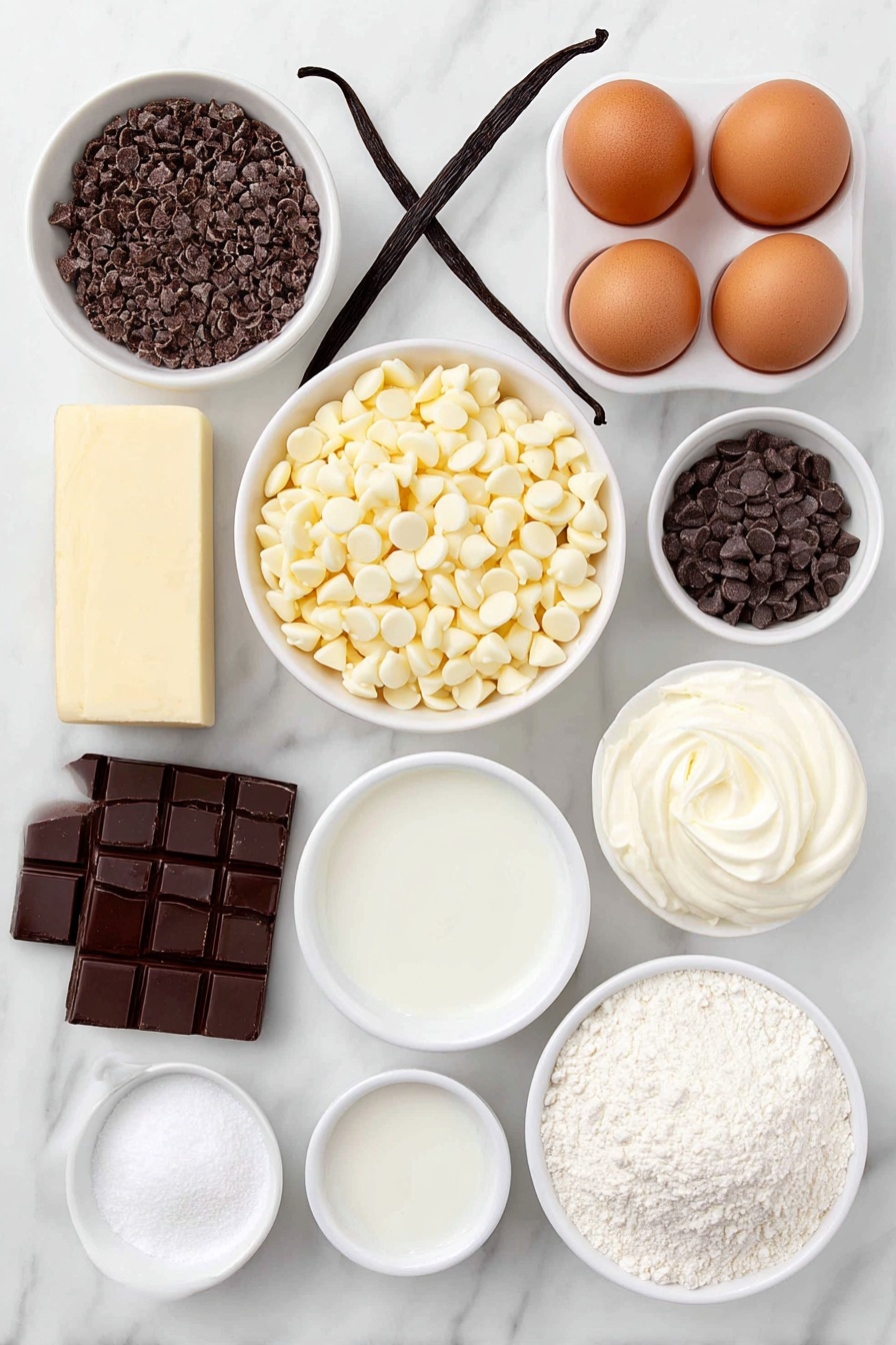 White Chocolate Mousse Cake Recipe 7 Flat lay of white chocolate chips in a small white ceramic bowl, heavy cream in a separate small white ceramic bowl, a few sprigs of fresh vanilla bean pod with seeds visible, a small white ceramic bowl of powdered sugar, a pinch of fine salt in a tiny white ceramic dish, two unsalted butter sticks arranged side by side, three large whole brown eggs with clean shells, a small pile of cake flour on a white ceramic plate, a small white ceramic bowl with baking powder, a small white ceramic bowl with fine salt, a small white ceramic bowl filled with full-fat sour cream, a small white ceramic bowl with vegetable oil, and a small white ceramic bowl with melted white chocolate placed neatly and symmetrically, placed on a clean white marble surface, soft natural light, photo taken with an iPhone, professional food photography style, fresh ingredients, white ceramic bowls, no bottles, no duplicates, no utensils, no packaging --ar 2:3 --v 7 --p m7354615311229779997 - White Chocolate Mousse Cake, White Chocolate Mousse Cake recipe, White Chocolate Cake, Elegant White Chocolate Dessert, How to Make White Chocolate Mousse Cake