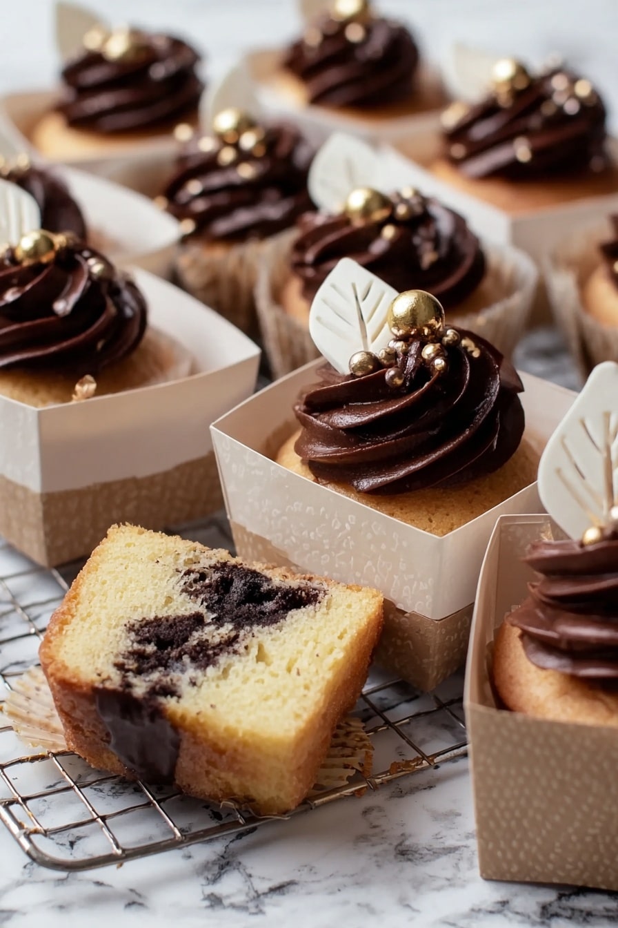 The image shows multiple cupcakes in white paper boxes, each topped with dark brown, smooth chocolate frosting swirled in a decorative pattern. On top of the frosting sits a white leaf-shaped decoration and small shiny golden ball accents. One cupcake is unwrapped and cut in half, revealing three layers: the bottom layer is a light, spongy cake with a golden-brown crust, the middle layer has a soft, dark chocolate filling, and the top is covered with rich chocolate frosting. The cupcakes are placed on a white marbled surface with a cooling rack in the background. photo taken with an iphone --ar 2:3 --v 7 - Autumn Chocolate Cupcakes with Gold Decorations, festive fall cupcakes, elegant chocolate cupcakes, gold decorated cupcakes, autumn dessert recipes