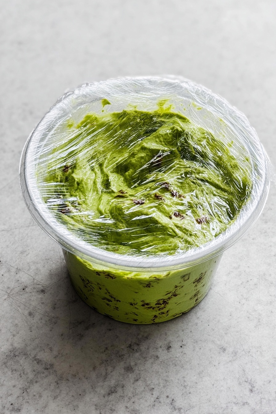 Easy Ripe Avocado Guacamole Recipe 8 A clear plastic container sits on a white marbled surface, filled with a bright green mixture that appears creamy with small darker green and brown specks spread throughout. The container is lined with shiny plastic wrap that is loosely covering the green mixture, creating wrinkles and reflections on the surface. The texture of the mixture looks smooth but uneven with some raised areas and swirls. The background is simple and light, putting full focus on the container and its vibrant green contents. photo taken with an iphone --ar 2:3 --v 7 - Easy Ripe Avocado Guacamole, avocado guacamole recipe, quick guacamole, healthy avocado dip, best homemade guacamole