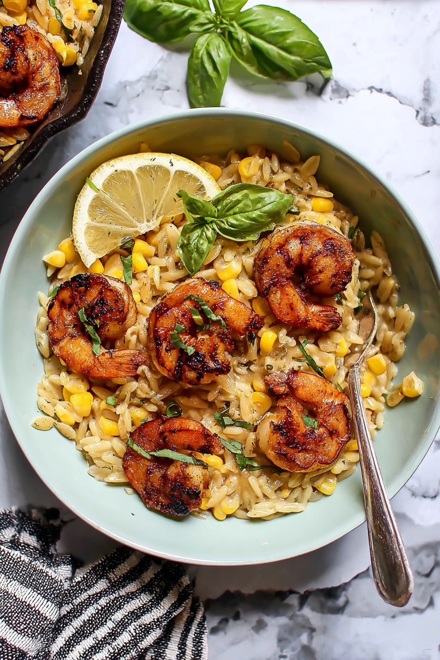 A white bowl filled with a creamy orzo pasta mixed with yellow corn kernels and light green herbs, topped with five large, browned grilled shrimp arranged evenly around the bowl. On the left side inside the bowl, there is a wedge of lemon. A few fresh basil leaves are placed in the center for garnish, and a silver spoon is partially placed inside the bowl on the right side. The bowl sits on a white marbled surface, and part of a striped cloth is visible at the bottom left corner. Photo taken with an iphone --ar 2:3 --v 7 - Creamy Shrimp Corn Orzo Skillet, shrimp and orzo dinner, easy seafood skillet recipe, one-pan orzo with shrimp, coconut milk shrimp recipe